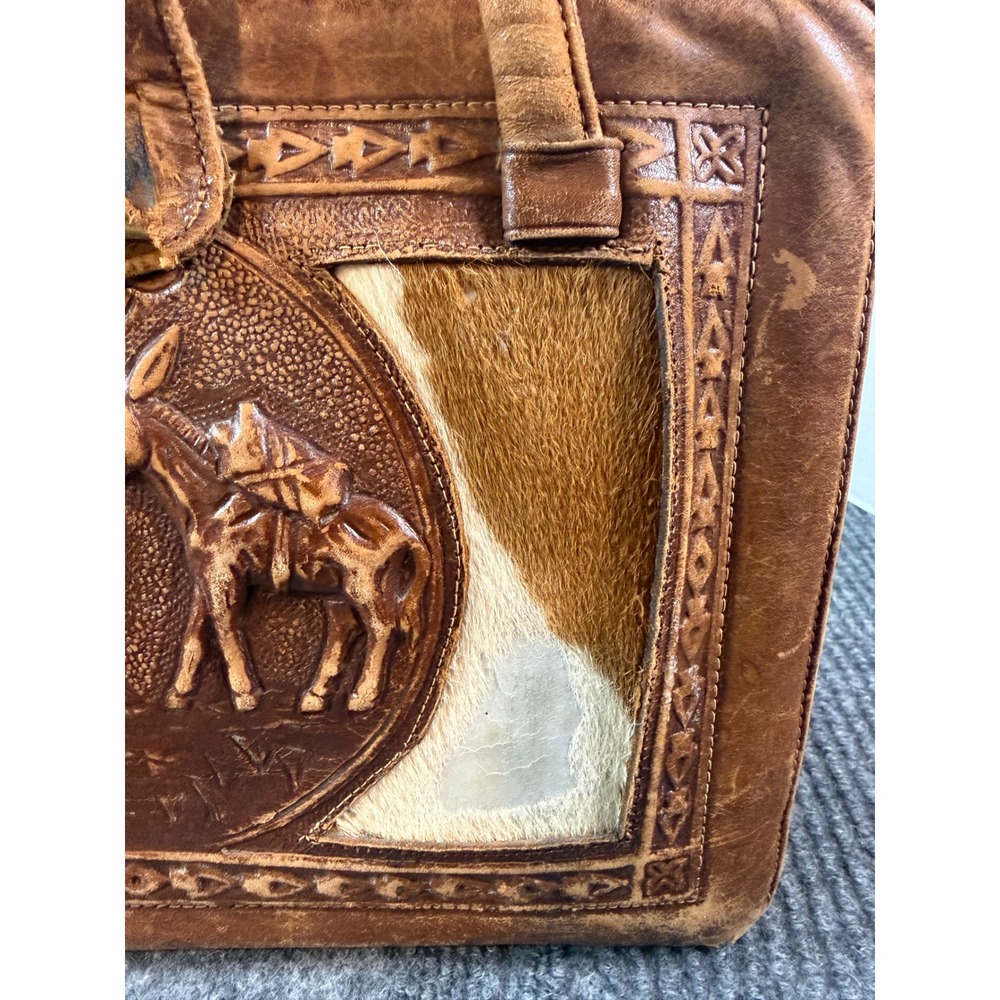 Vintage Mexican Tooled Leather Aztec Calendar Satchel Bag Cowhide Hecho Mexico - Picture 2 of 10